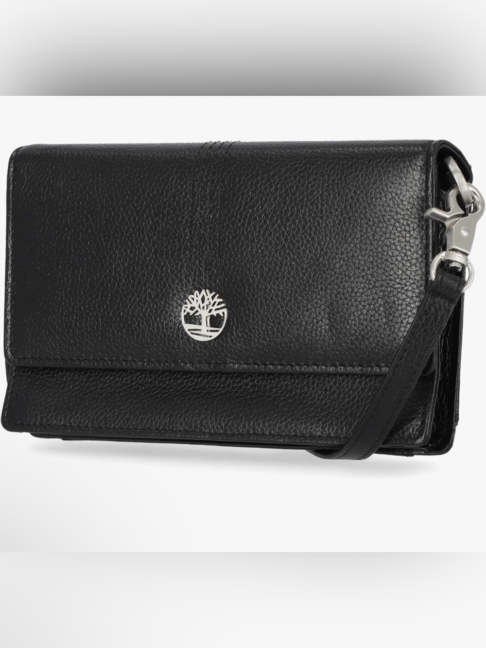 Timberland Black Pebble-Grain Leather Crossbody Wallet with Silver Logo